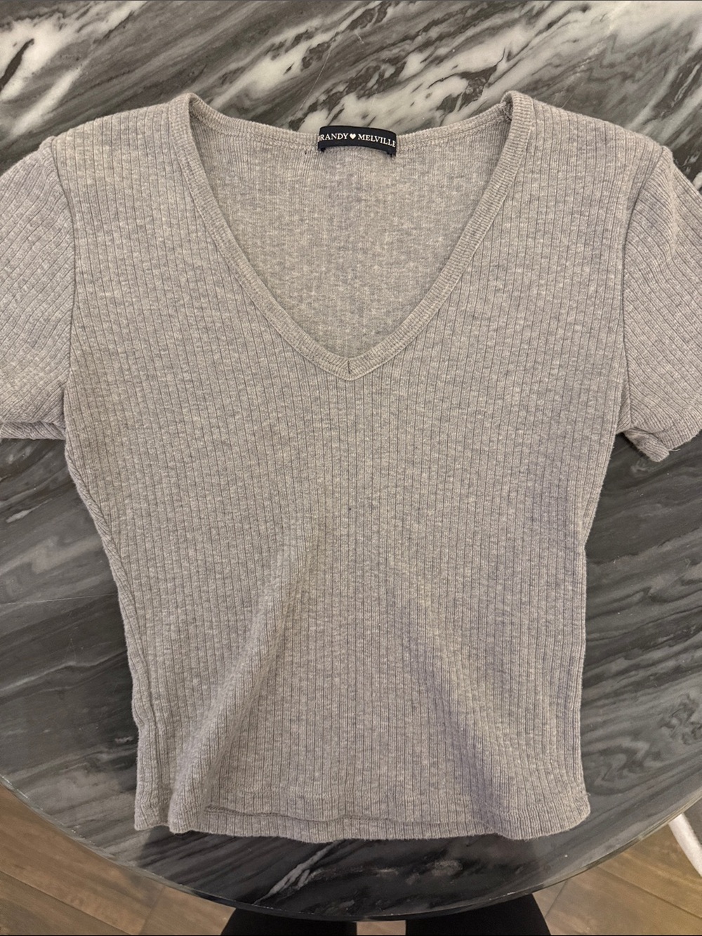 Brandy Melville Light Gray Ribbed V-Neck Short Sleeve Tee